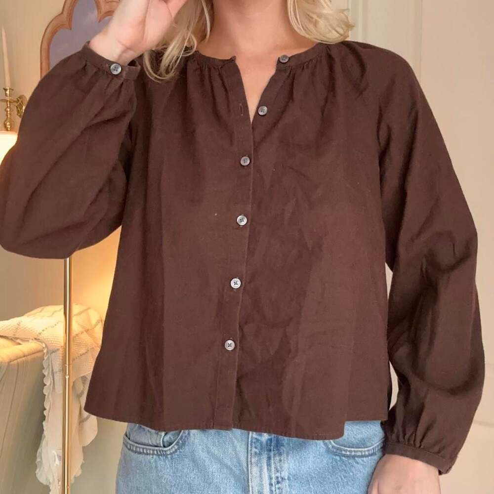 Banana Republic Brown Button Up Blouse Size S Puffy Sleeves